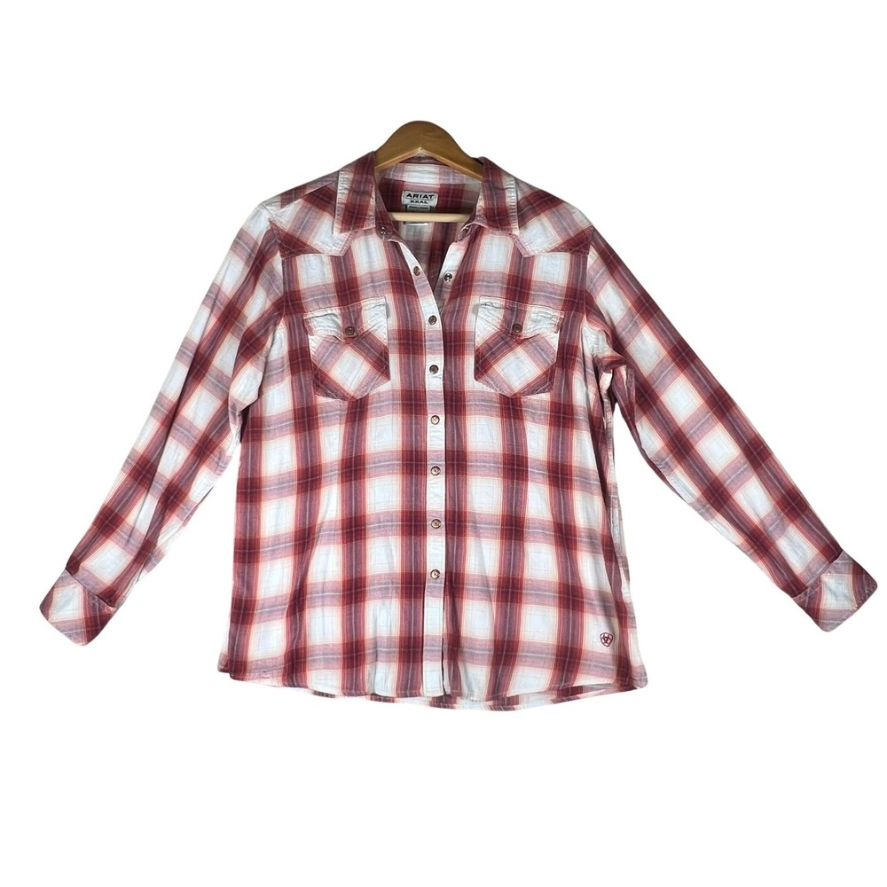 Ariat Real Women XL Red White Plaid Western Snap Long Sleeve Shirt Rodeo Cowgirl